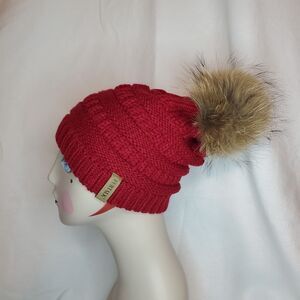 FURTALK Womens Winter Knitted Red Wine Beanie Hat with Faux Fur Pom Knit Cap